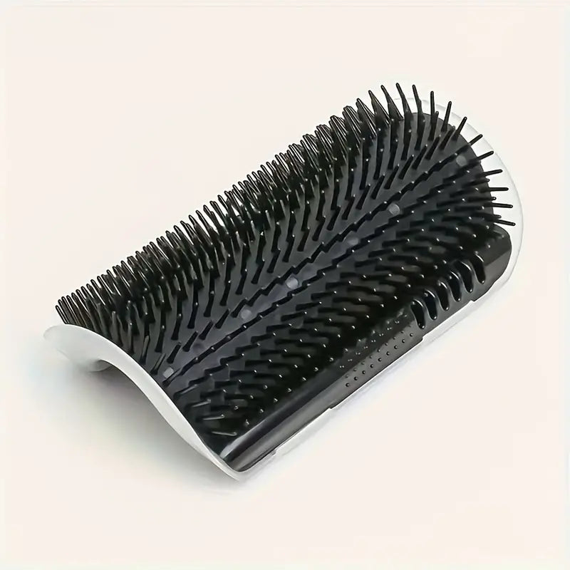 Cat wall brush, black plastic, self-grooming tool, pet accessory, practical design.