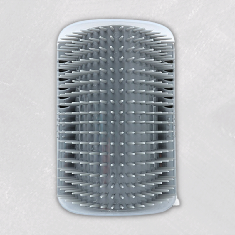 Gray wall-mounted cat grooming brush with soft bristles for self-grooming and massage.