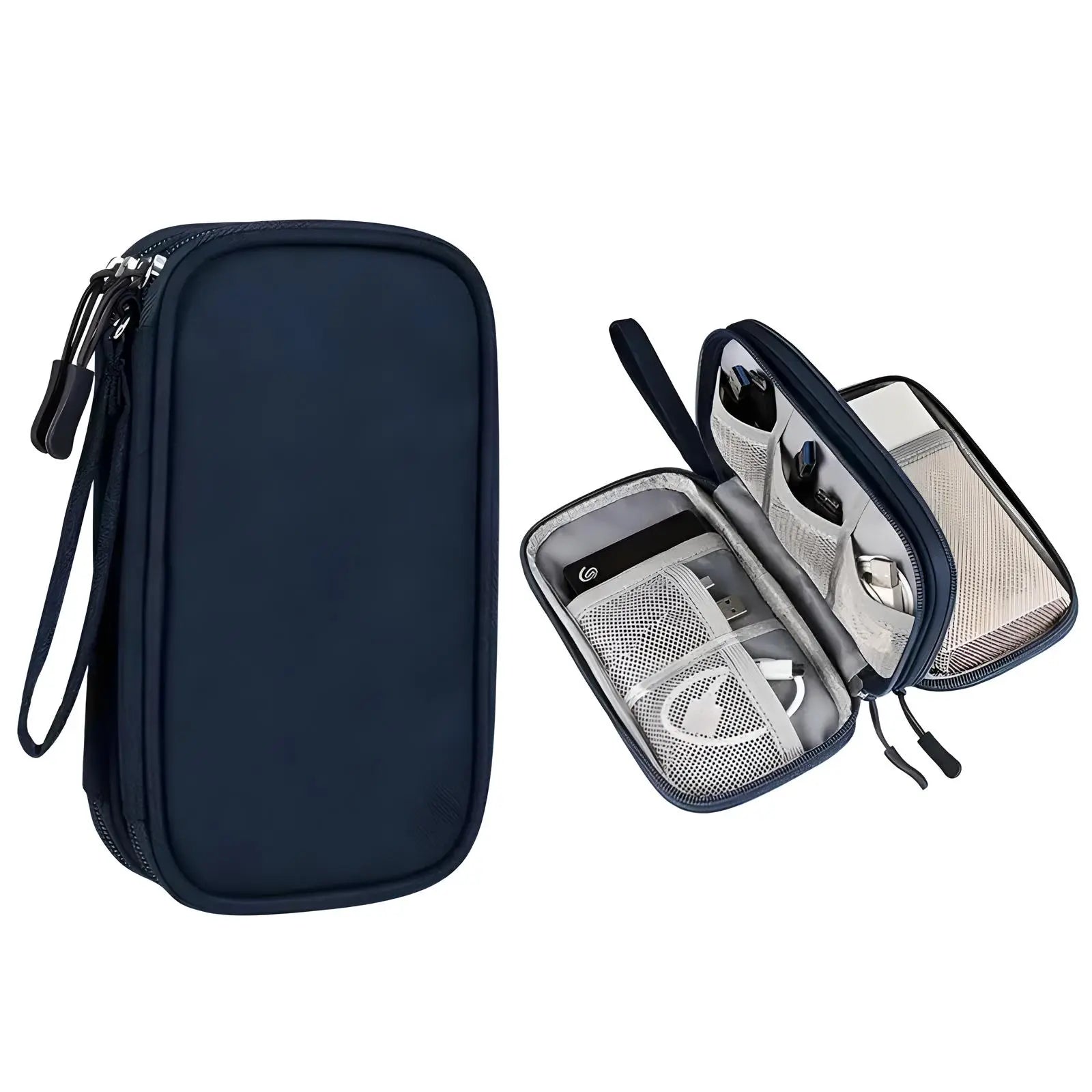 Navy blue travel electronics organizer with multiple compartments, zipper closure, and mesh pockets for cables, chargers, and accessories. Ideal for tech storage.