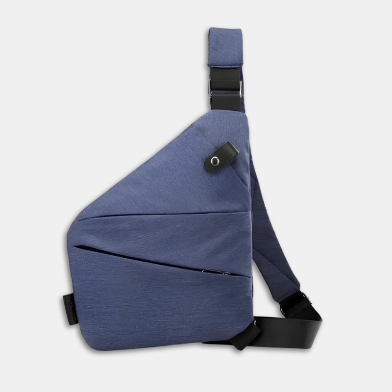 Navy blue crossbody sling bag with adjustable strap, modern design, and multiple zippered compartments. Ideal for travel and everyday use.