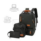 Three-piece travel bag set featuring a black backpack, shoulder bag, and pouch with brown accents, ideal for tech-friendly travel and laptop storage.