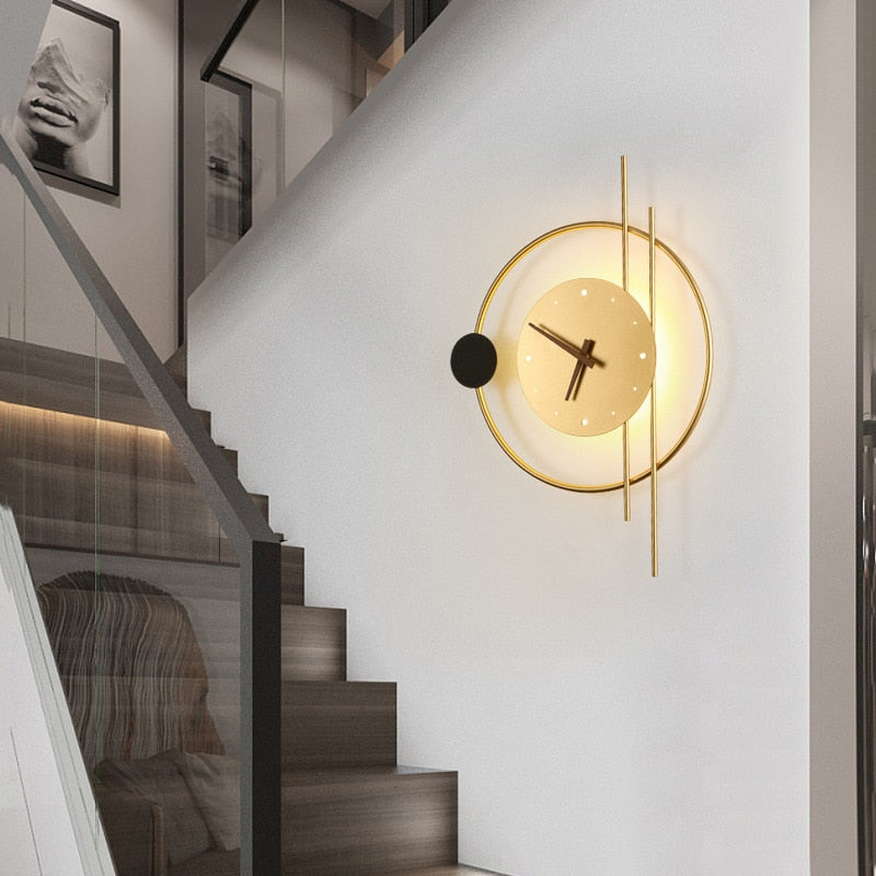 Nordic LED wall lamp with art clock design, featuring a modern gold circular frame, ideal for creative bedroom or living room decor.