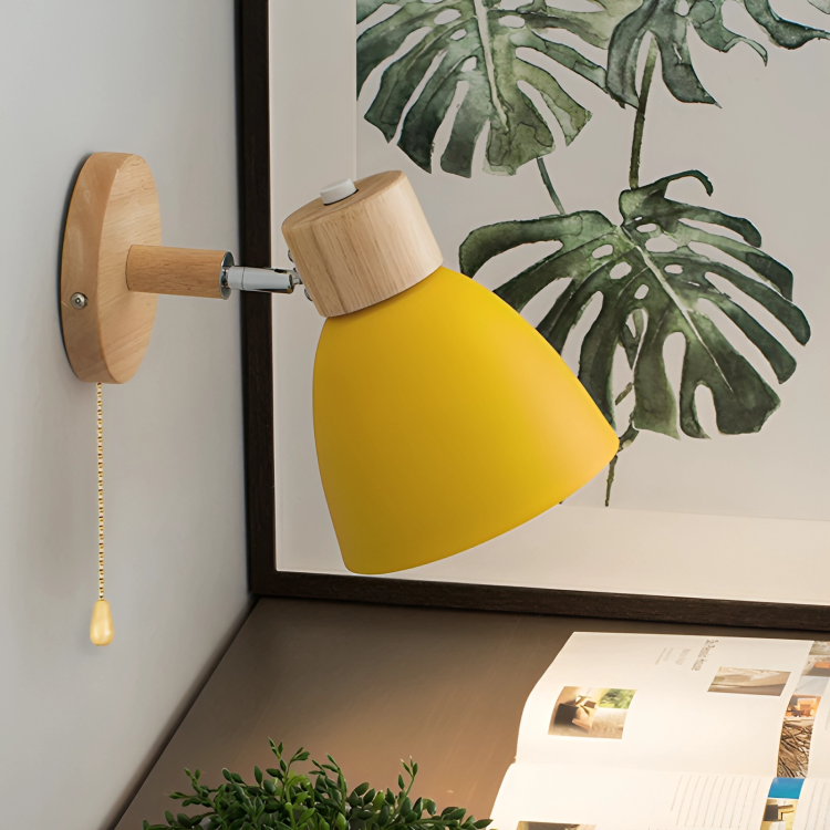 Yellow Nordic wall lamp with wooden sconce, ideal for bedroom or living room lighting. Features E27 socket and modern design. Perfect for home decor.