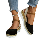 Women's black wedge sandals with round toe, buckle ankle strap, and thick platform sole. Ideal for summer fashion and Mother's Day gifts.