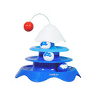 Blue interactive cat toy with three-tier track, white cloud designs, and a red ball on top. Engaging pet play accessory for active cats.