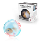 Hamster toy ball with LED lights, featuring a realistic hamster inside. Includes packaging box labeled "Animals Ball Hamster/Rabbit." Perfect pet toy.