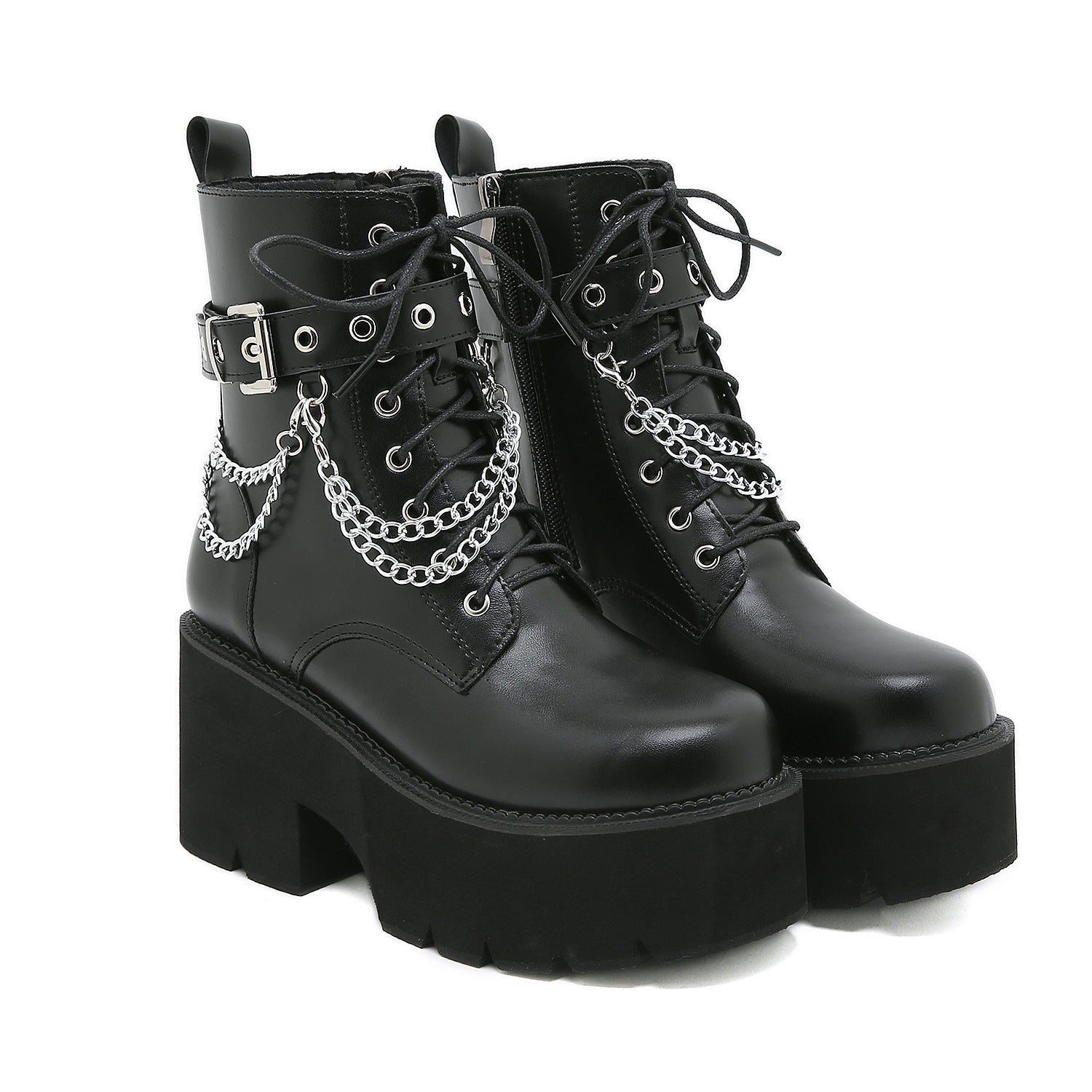 Black platform combat boots with chunky heels, lace-up front, and decorative silver chains. Gothic fashion footwear, edgy style, women's boots.