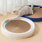 Cat playing with interactive toy featuring a circular cardboard scratcher and colorful balls. Perfect for pet entertainment and exercise.