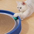 Cat playing with interactive toy; white feline pawing green ball on blue circular scratch pad. Perfect pet activity for indoor cats.