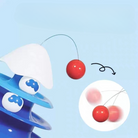 Blue cat toy with rotating discs and dangling red ball, interactive pet play, durable plastic, engaging exercise for cats, fun and stimulating.