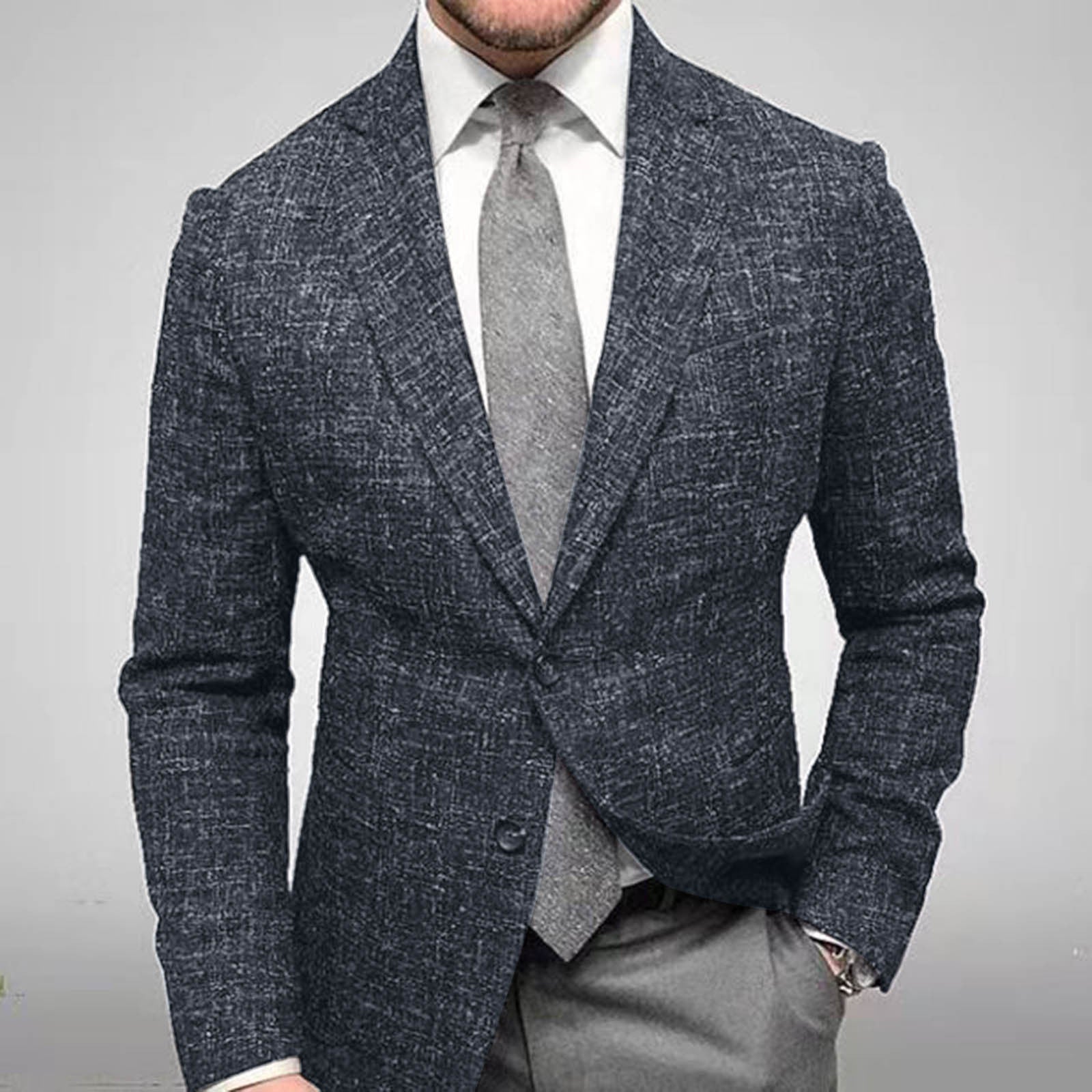 Men's dark gray tweed blazer, formal suit jacket, tailored fit, with gray tie and white shirt.