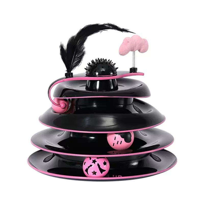 Black and pink multi-level cat toy with rotating balls, feather, and spring cloud, designed for interactive pet play and mental stimulation.