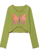 Green long-sleeve crop top with "Aquarius" butterfly graphic, retro style, women's fashion, trendy casual wear, unique design, vibrant colors.