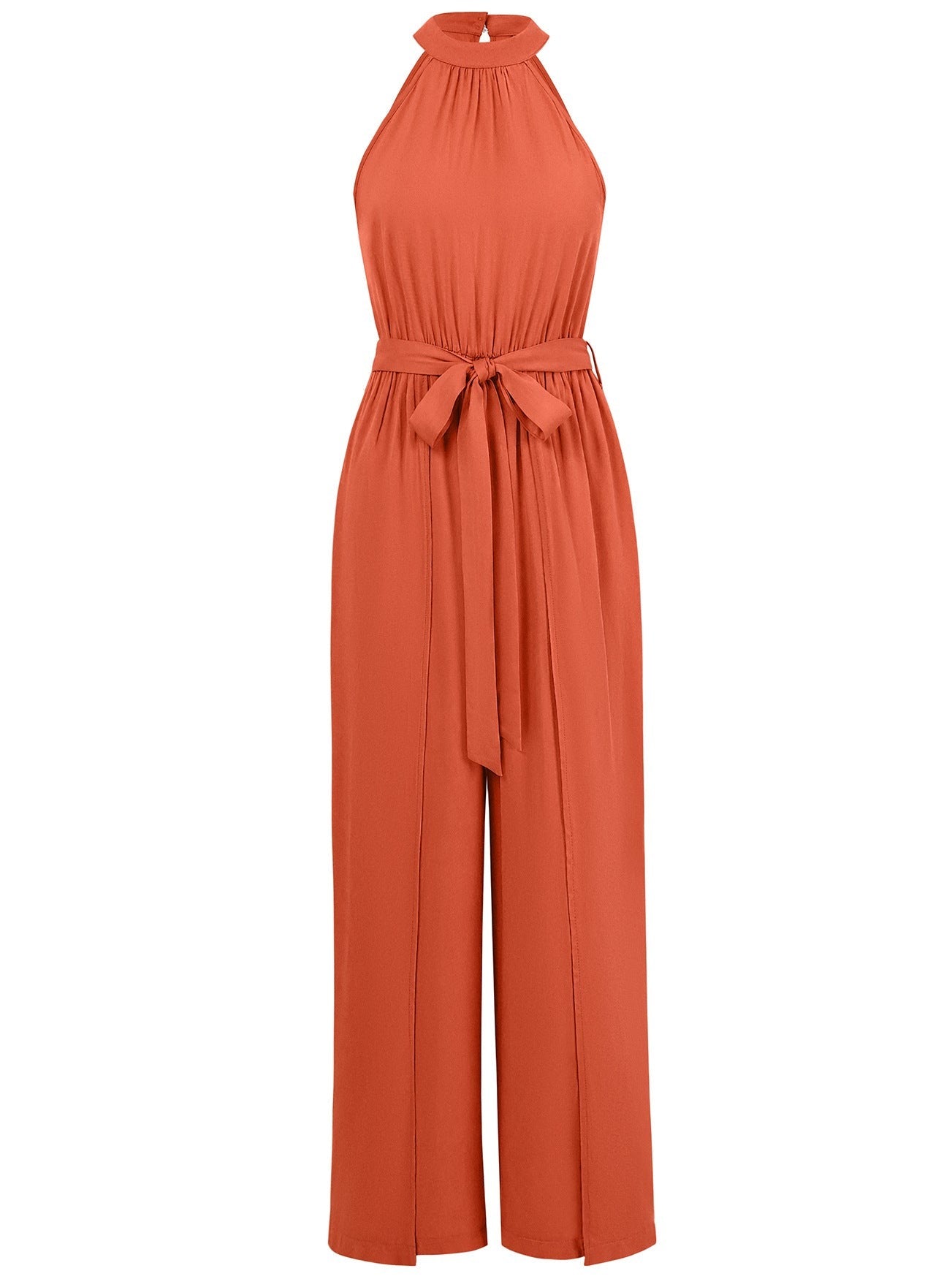 Rust orange halter neck jumpsuit with tie waist, sleeveless design, and wide-leg pants. Perfect for summer fashion and casual wear.