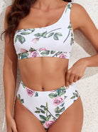 Floral one-shoulder bikini set with pink roses and green leaves, high-waisted bottom, women's swimwear, summer beach fashion.