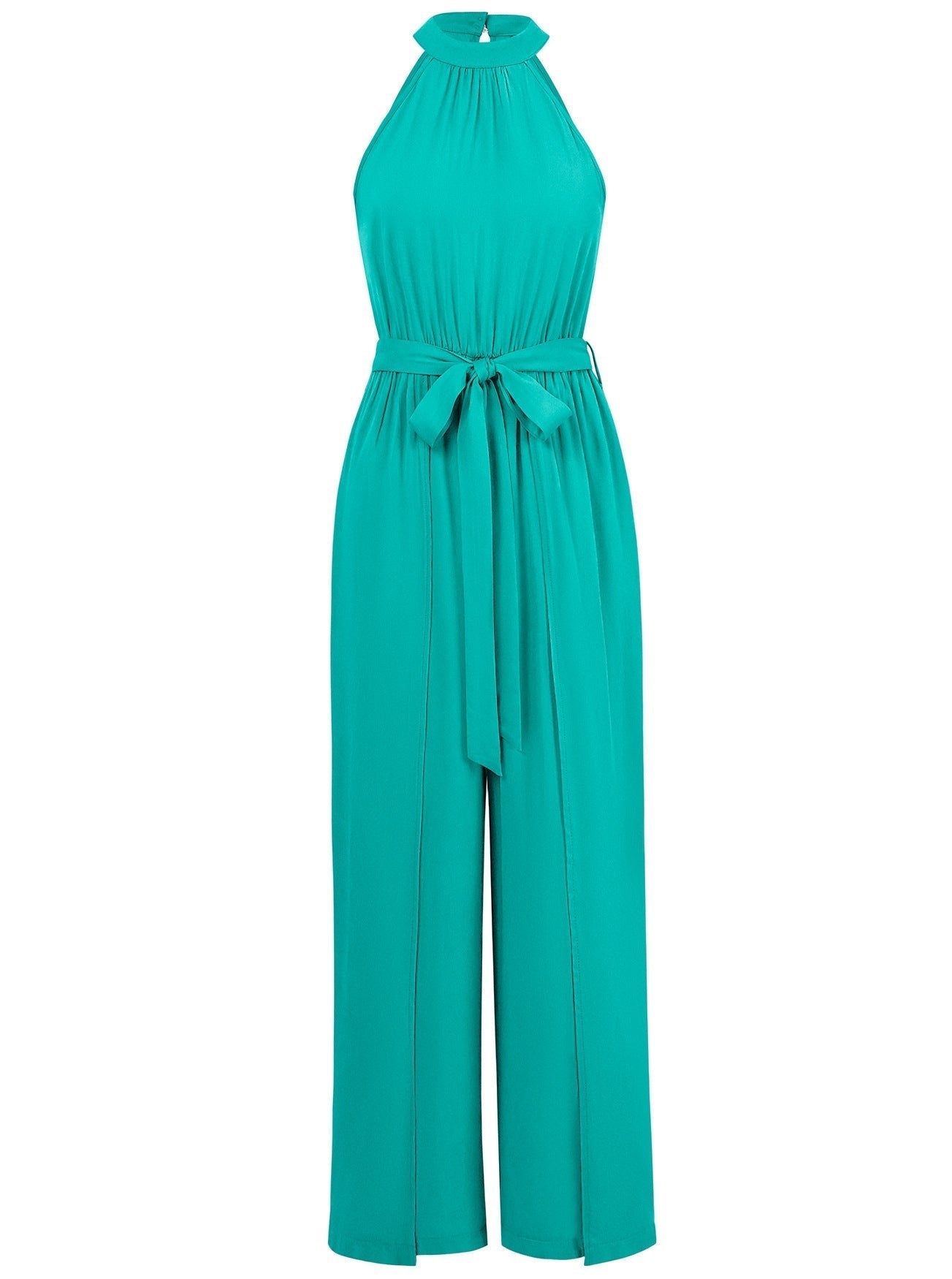 Teal halter neck jumpsuit with a cinched waist and wide-leg design, perfect for summer fashion. Elegant women's clothing, stylish and versatile.