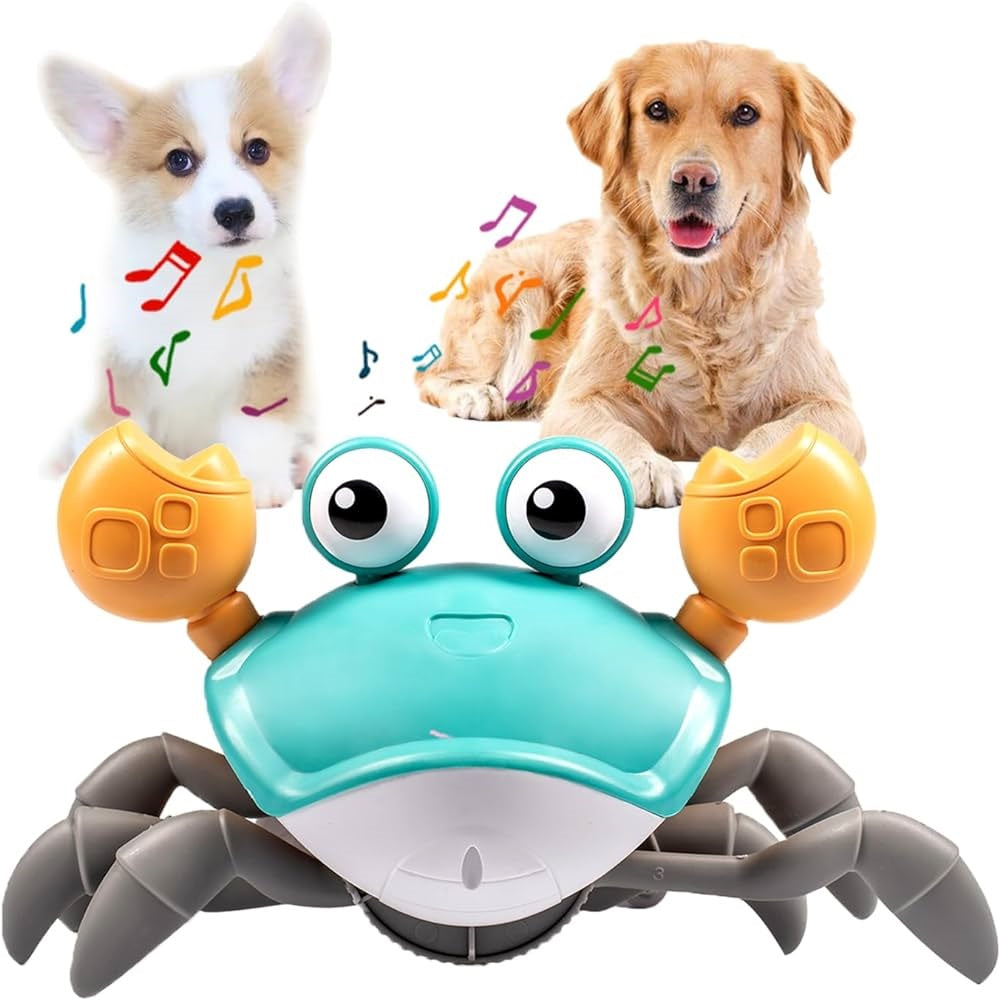 Interactive toy crab for dogs with music notes, featuring a corgi and golden retriever. Engaging pet toy, perfect for playful dog entertainment.