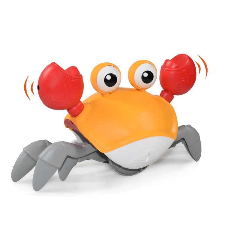 Orange and red toy crab with big eyes and moving claws, designed for children's play. Interactive crawling crab toy, perfect for kids' entertainment.