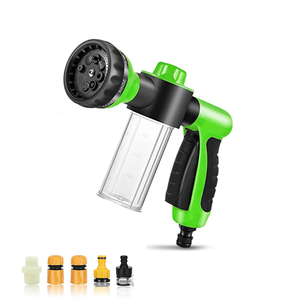 Green garden hose nozzle with adjustable spray patterns, ergonomic handle, and soap dispenser. Includes multiple connectors for versatile use.