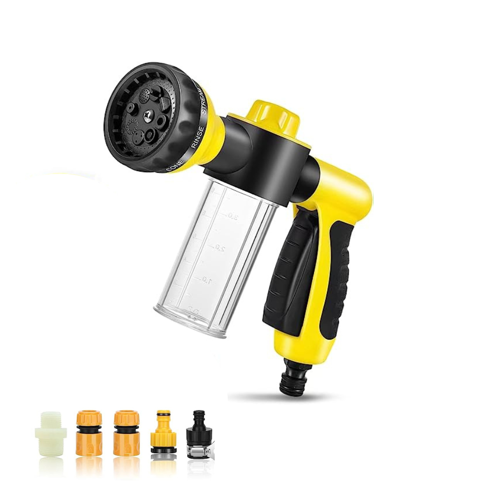 Yellow garden hose nozzle with adjustable spray patterns, ergonomic grip, and soap dispenser. Includes multiple connectors for versatile use.