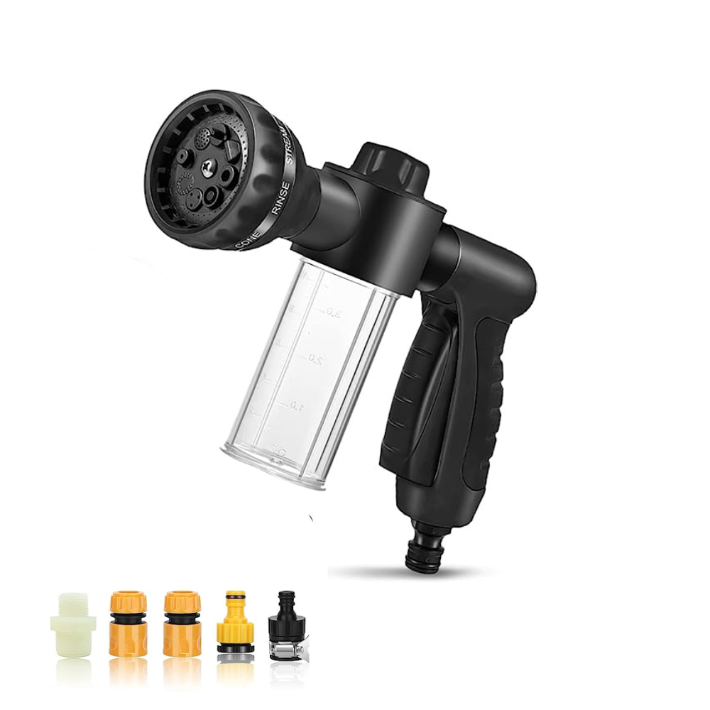 High-pressure garden hose nozzle with adjustable spray patterns, ergonomic grip, and soap dispenser. Includes multiple connectors for versatile use.