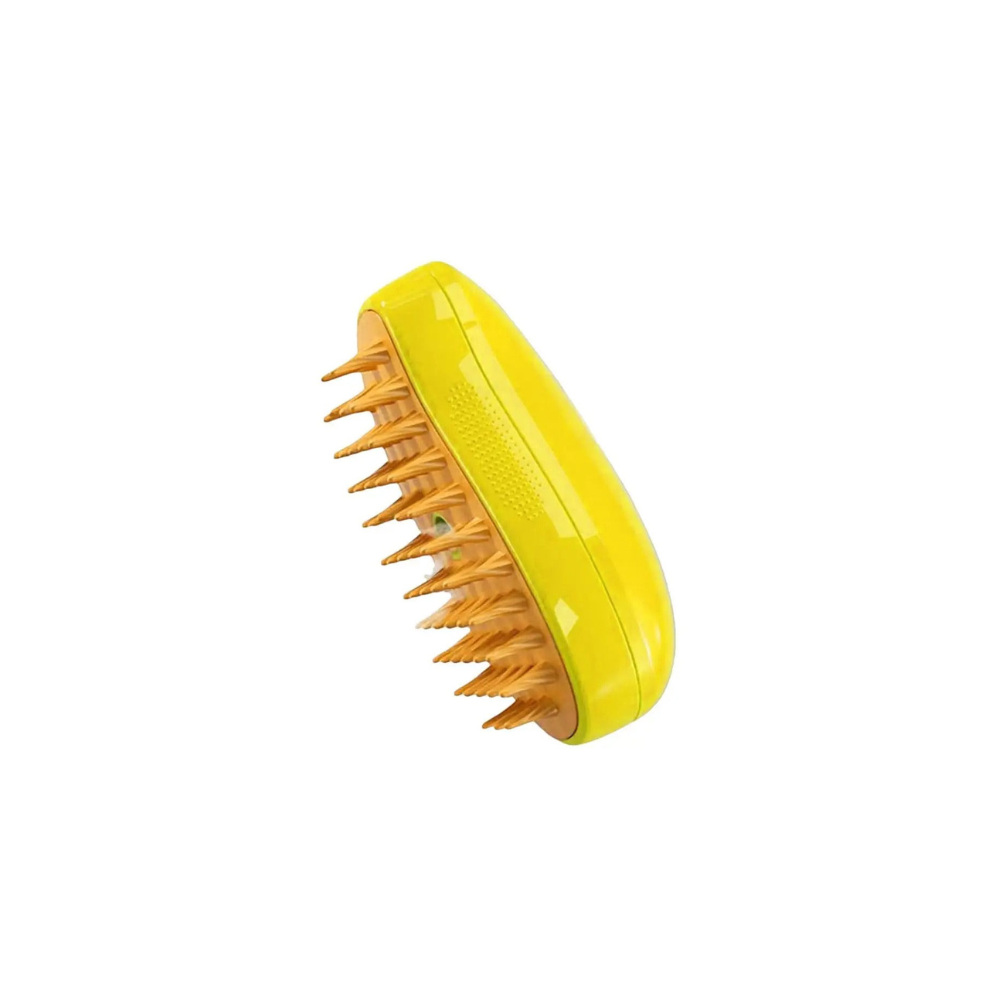 Yellow handheld scalp massager with orange silicone bristles, ergonomic design for hair care, stress relief, and improved blood circulation.