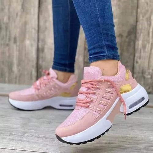 Women's orthopedic comfort sneakers in pink with gold accents, featuring cushioned soles and lace-up design, ideal for casual wear and foot support.