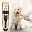 Dog grooming clipper with cute dog illustration, ideal for pet grooming. High-performance, cordless, low-noise trimmer for dogs. Perfect for home use.