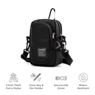 Black Oxford anti-theft crossbody bag with secure clip cover, card, key, and pen holder; water-resistant design for travel and daily use.