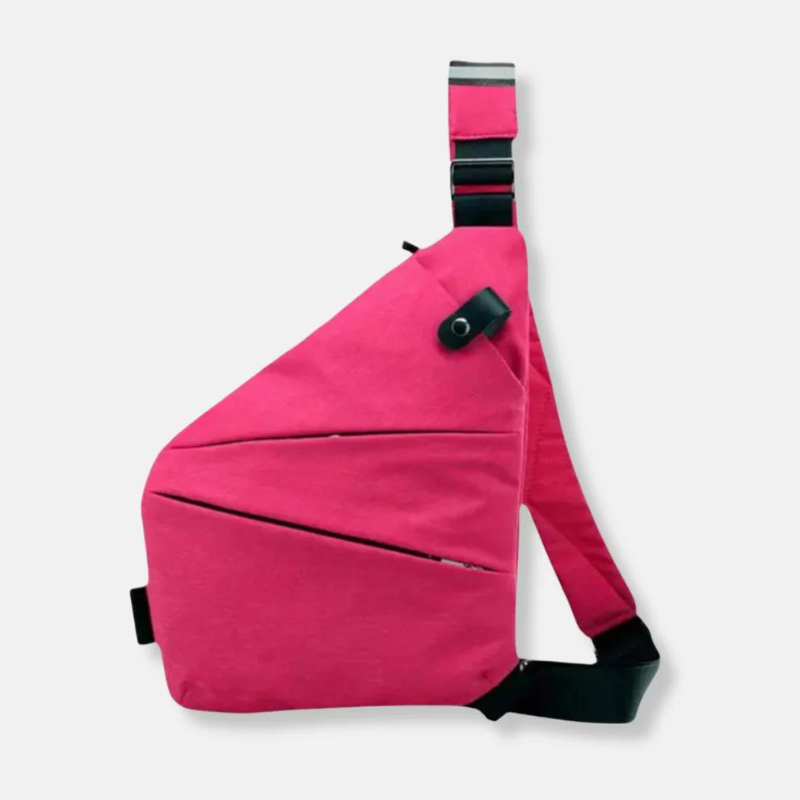 Pink crossbody sling bag with adjustable strap, modern geometric design, and secure buckle closure. Ideal for travel, fashion, and everyday use.