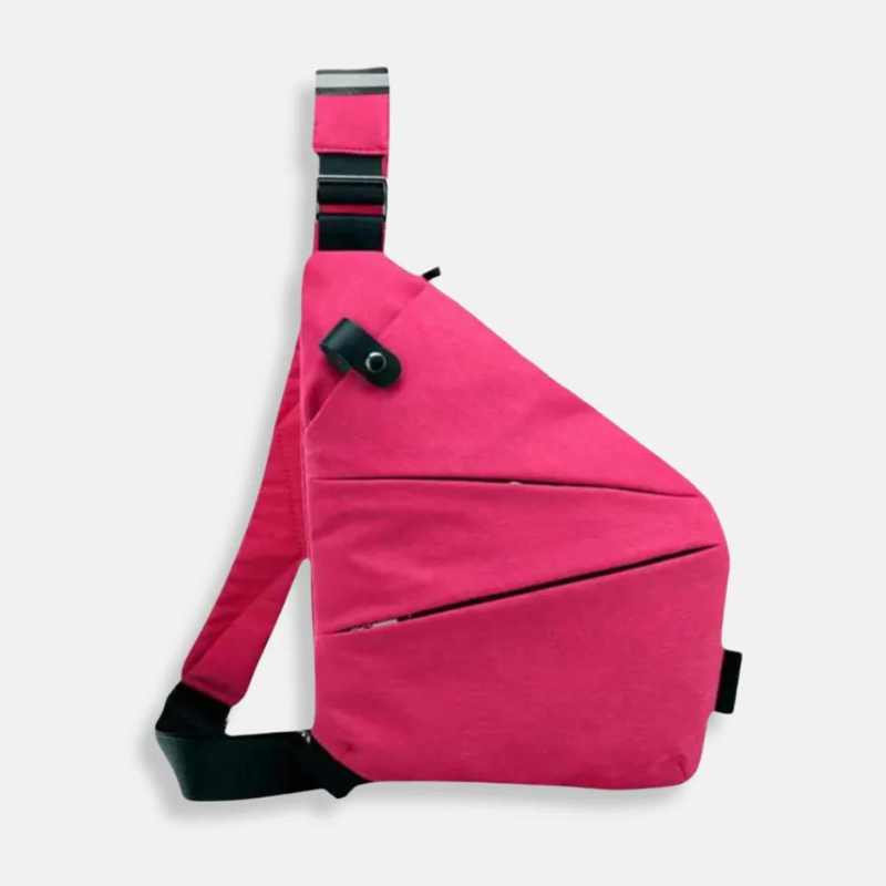 Pink crossbody sling bag with adjustable black strap, modern geometric design, and secure zippered compartments. Ideal for travel and daily use.