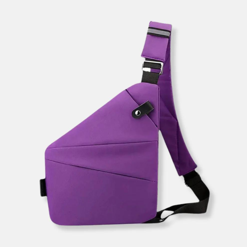 Purple crossbody sling bag with adjustable strap, modern geometric design, and secure buckle closure. Ideal for travel, casual outings, and daily use.