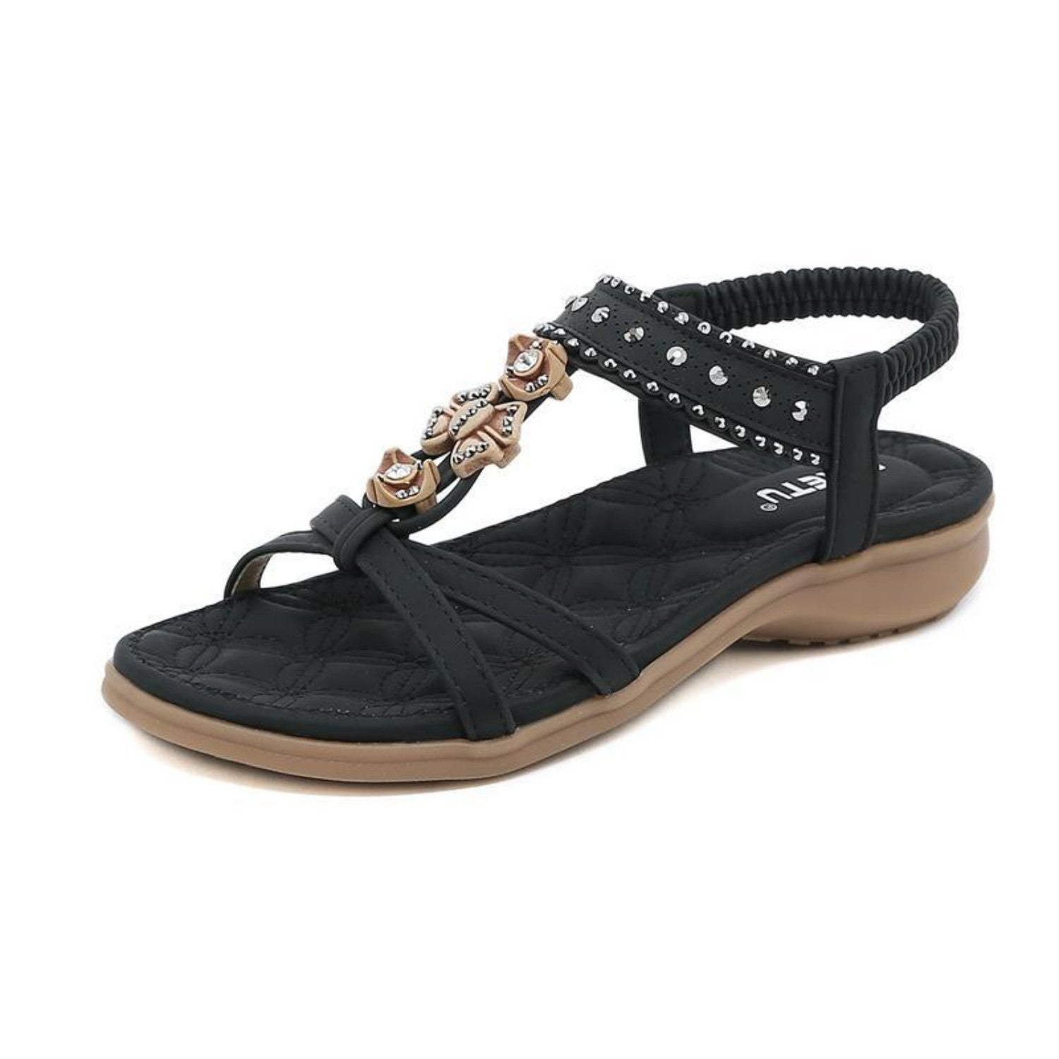 Black women's sandal with rhinestone embellishments, cushioned sole, and elastic ankle strap. Stylish summer footwear, comfortable and trendy design.