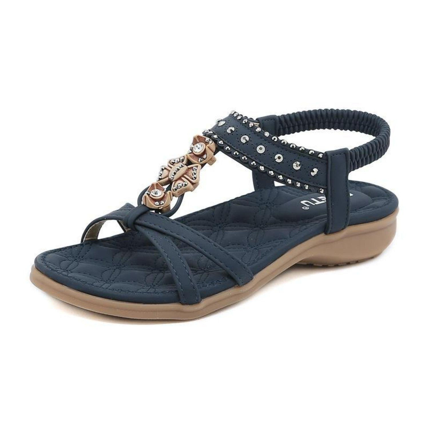 Women's navy blue sandal with decorative beading, cushioned sole, and elastic ankle strap. Stylish summer footwear, comfortable and trendy design.