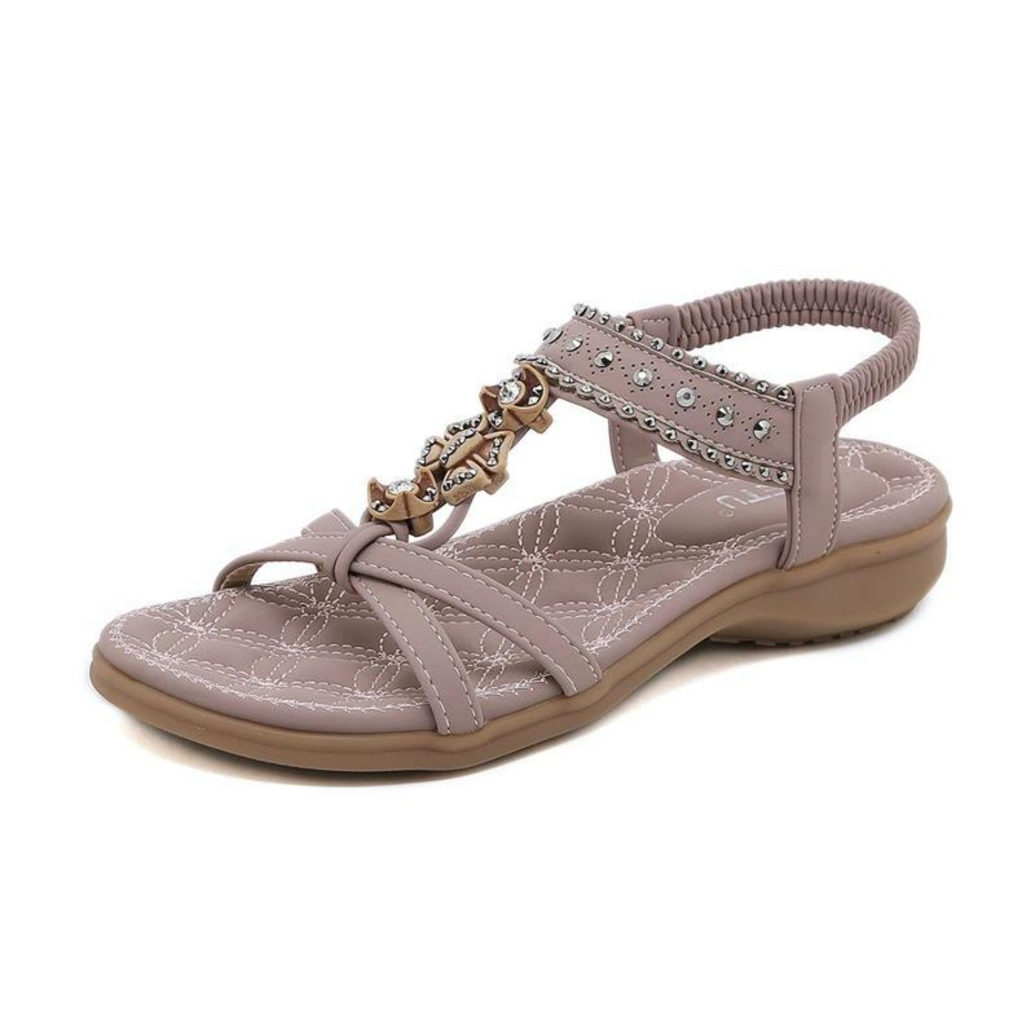 Women's taupe sandal with rhinestone embellishments, cushioned sole, and elastic ankle strap. Stylish summer footwear, perfect for casual wear.