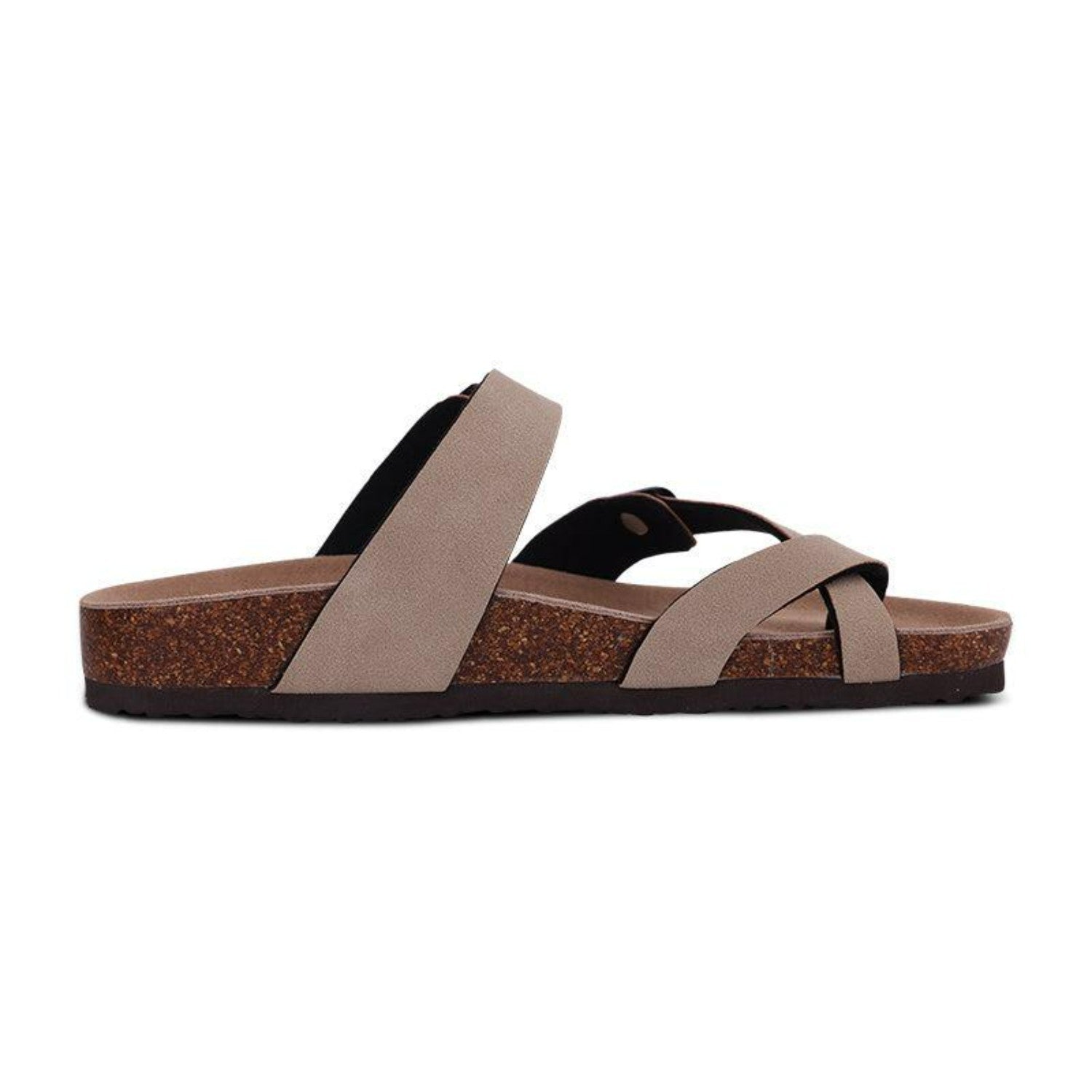 Beige cork footbed sandals with crisscross straps, ergonomic design, and slip-on style. Perfect for casual wear and summer fashion.