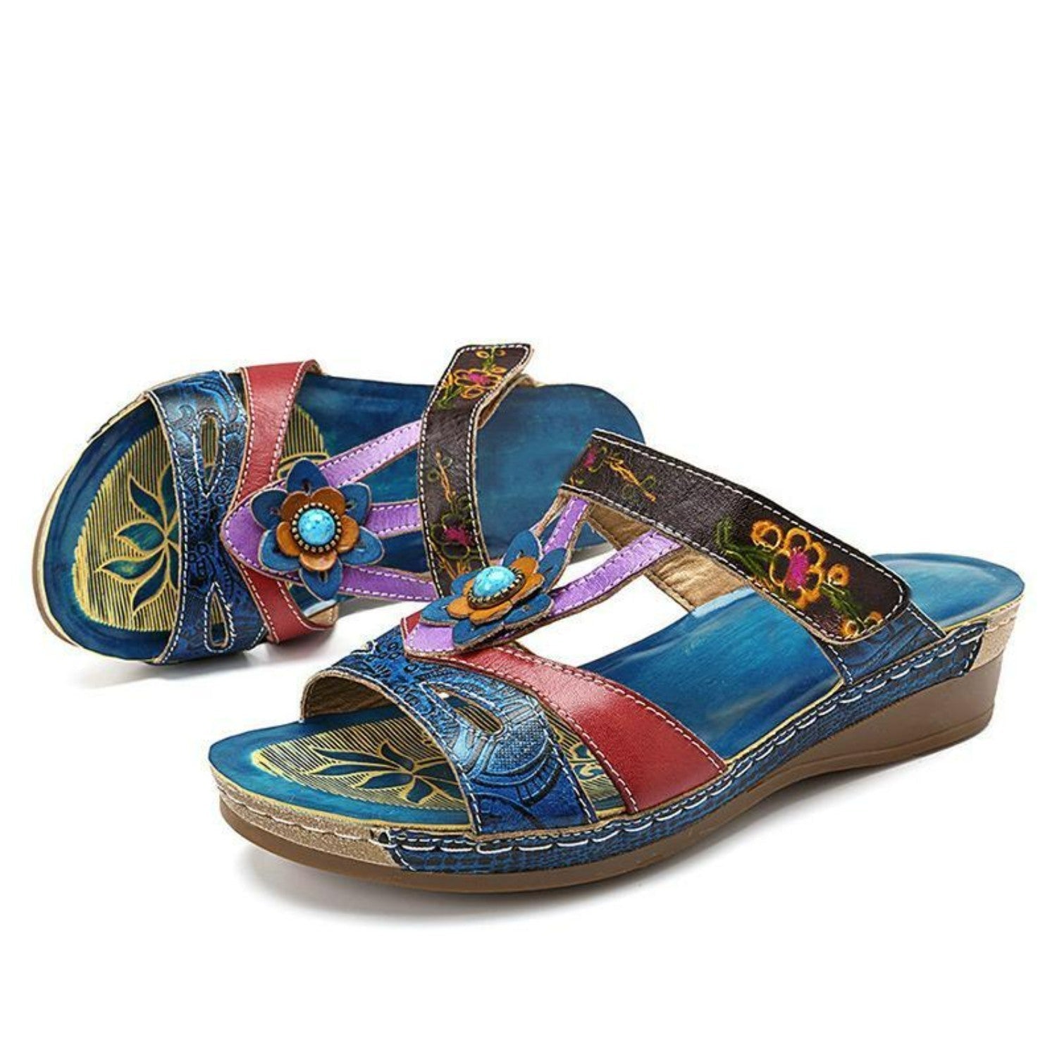 Colorful women's wedge sandals with floral design, featuring multicolored straps and intricate embroidery. Perfect for summer fashion and casual wear.