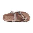 Beige leather sandal with dual adjustable straps and toe loop, featuring a contoured footbed for comfort. Ideal for casual summer wear.