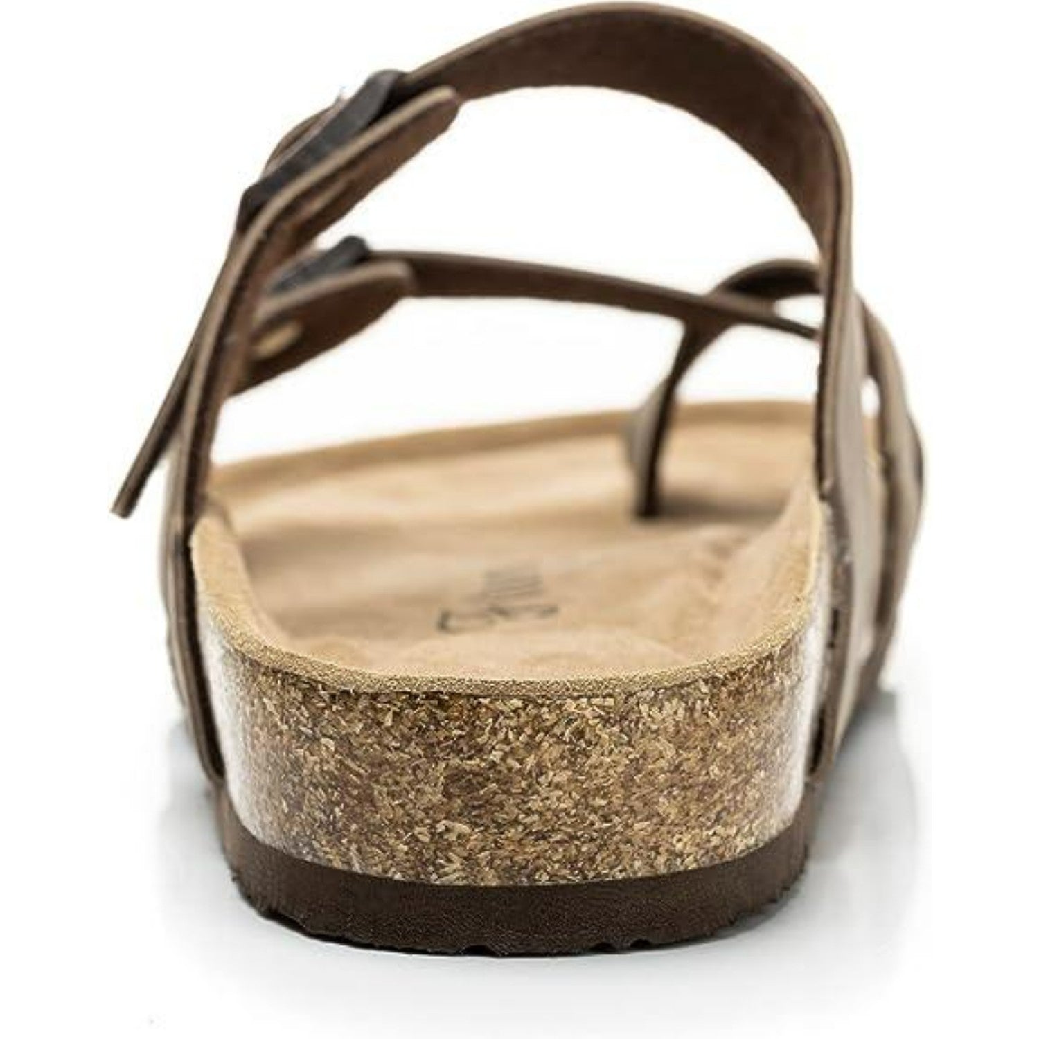 Brown leather sandal with cork footbed and adjustable straps, viewed from the back. Comfortable, ergonomic footwear for casual wear.