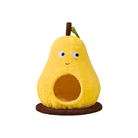 Yellow pear-shaped cat bed with a smiling face, cozy plush material, and a circular entrance. Perfect pet hideaway for comfort and style.