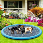 Dogs playing in a blue splash pad in a garden, surrounded by colorful flowers. Perfect pet supplies for summer water fun. Ideal for small to large dogs.