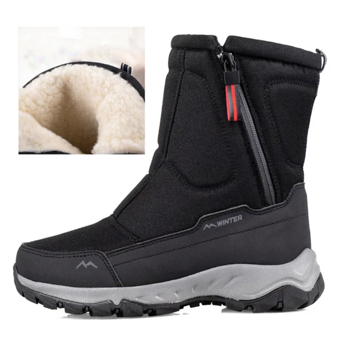 Black winter boots with plush lining, side zipper, and rugged sole. Ideal for cold weather, offering warmth and durability. Perfect for outdoor activities.