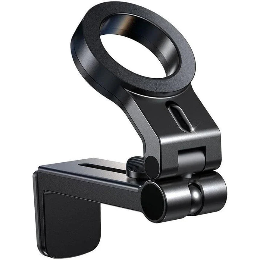 Adjustable black phone holder for car dashboard, featuring a 360-degree rotating mount and secure grip. Ideal for hands-free navigation and calls.