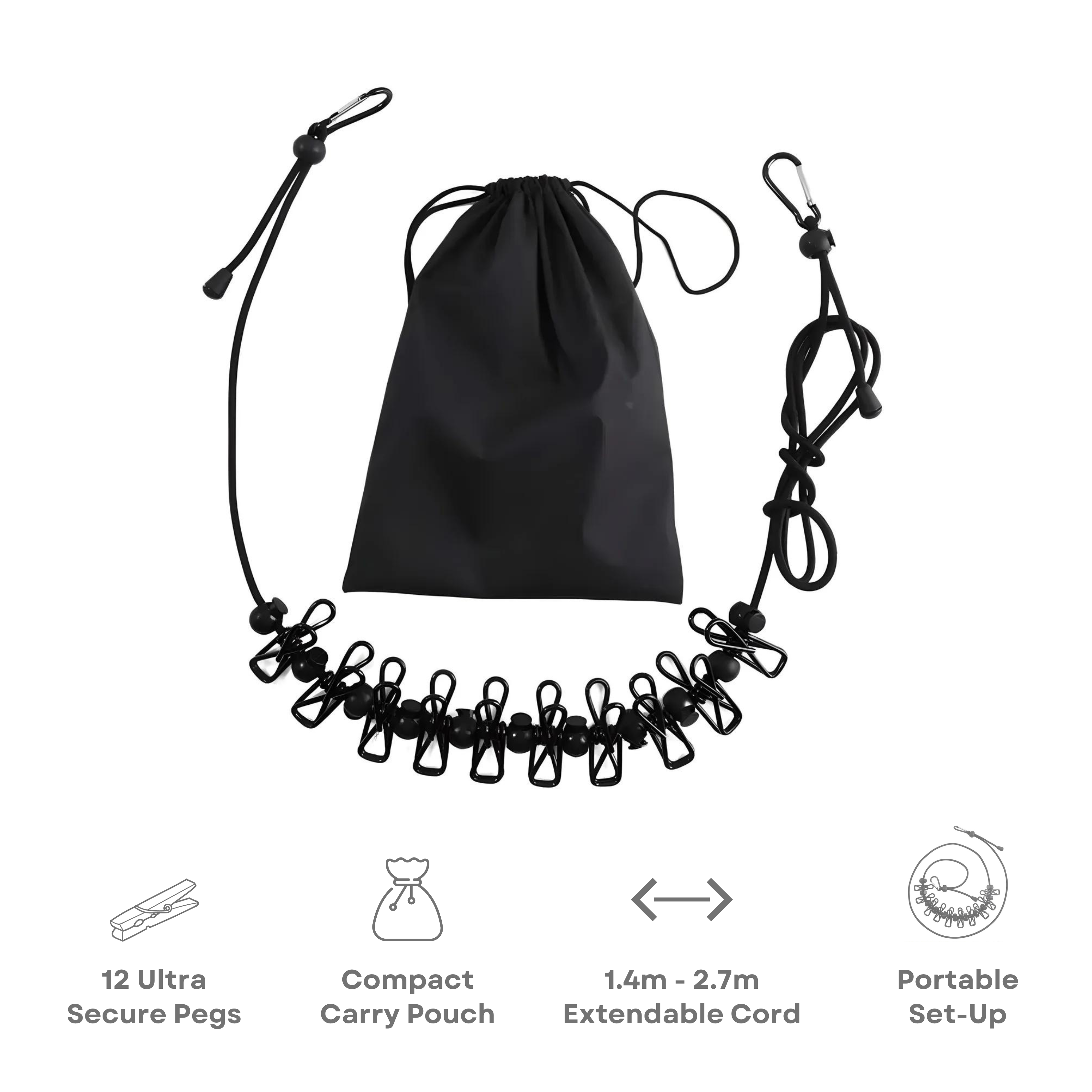 Portable travel clothesline with 12 secure pegs, compact carry pouch, and extendable 1.4m-2.7m cord. Ideal for camping, hiking, and outdoor use.