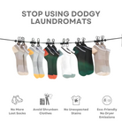 Portable travel clothesline with multiple socks hanging, featuring clips for secure drying. Ideal for travel, eco-friendly, avoids laundromats.