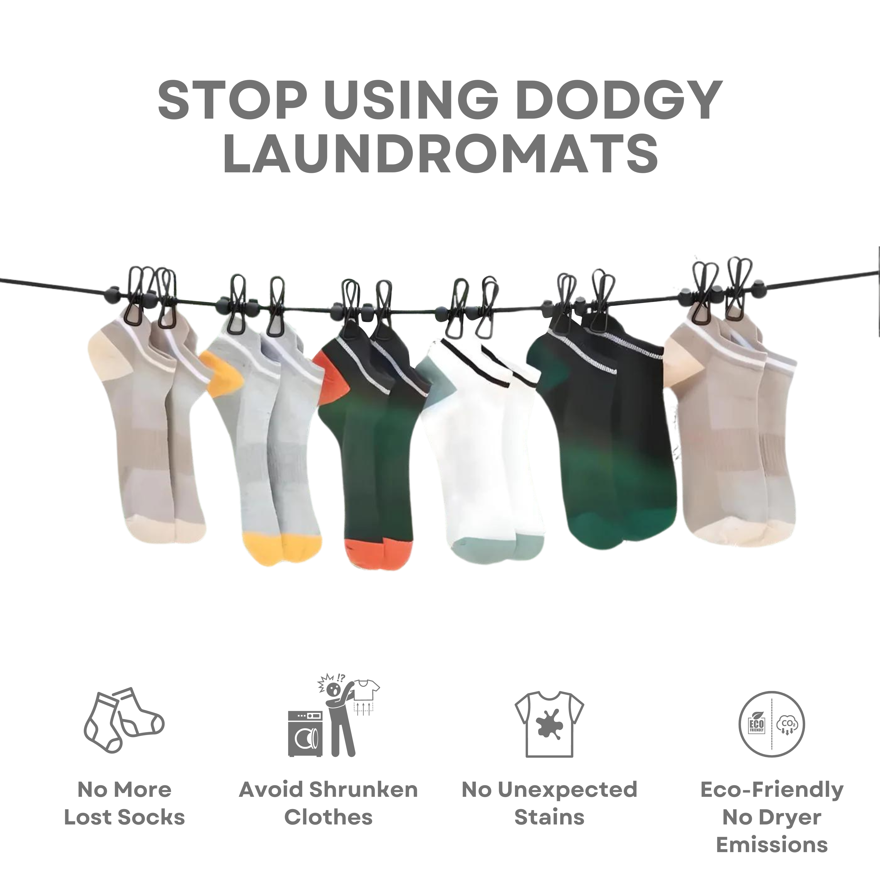 Portable travel clothesline with multiple socks hanging, featuring clips for secure drying. Ideal for travel, eco-friendly, avoids laundromats.