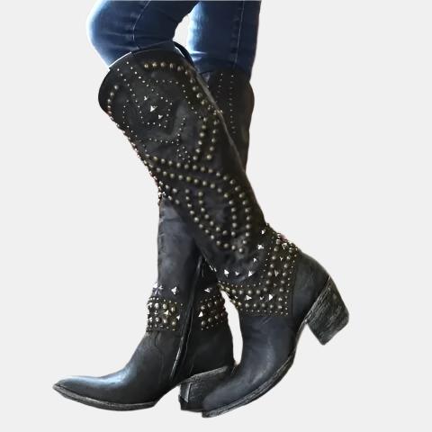 Gothic metal studded knee-high boots with retro pointed square heels, Western cowboy style, women's large size, black leather.