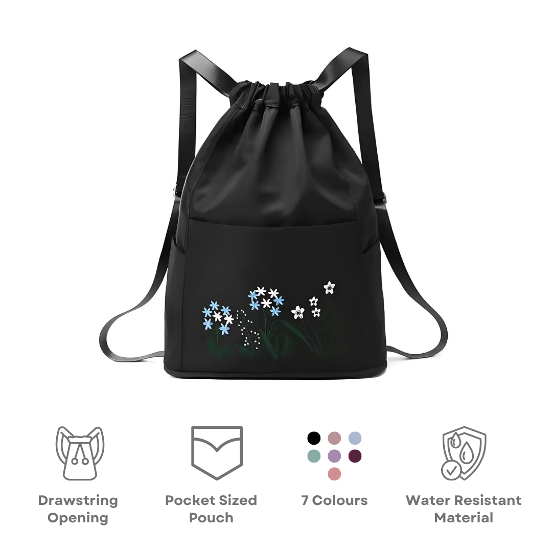 Foldable drawstring backpack with floral design, water-resistant material, pocket-sized pouch, available in 7 colors. Perfect for travel and outdoor use.