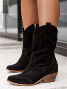 Black suede cowboy boots with breathable perforated design, mid-calf height, and wooden block heel. Stylish women's western footwear.