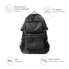 Black waterproof backpack with 35L capacity, featuring a 17" laptop compartment and ultra-comfy adjustable straps. Ideal for travel and outdoor use.